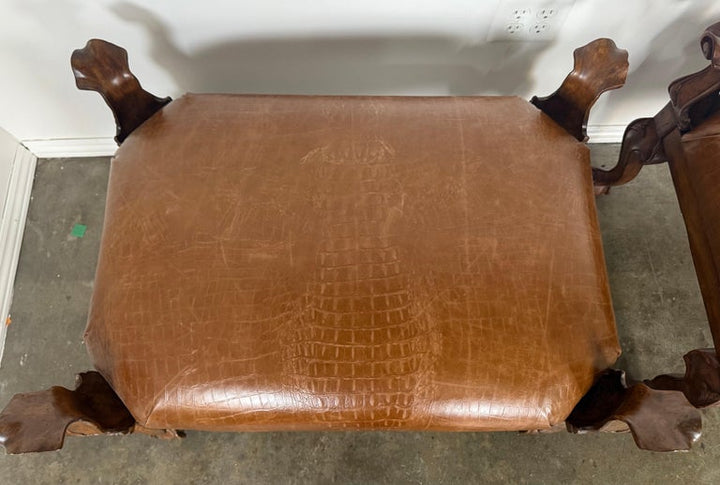 Pair of Spanish Revival Embossed Leather Benches