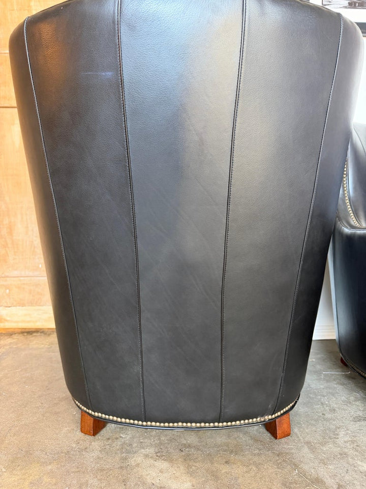 Pair of Thomasville Black Leather Wingback Lounge Chairs