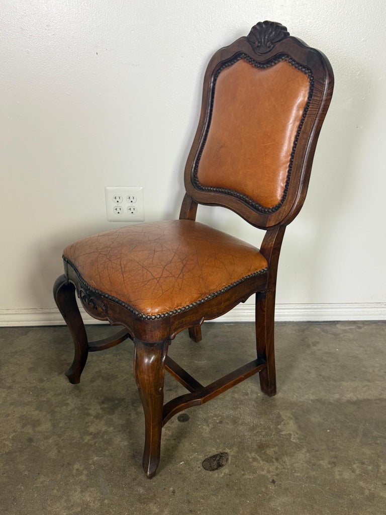 Set of Eight French Carved Wood Dining Chairs with Leather Upholstery