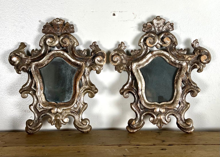 Pair of Italian Scrolled Silver Leaf Baroque Style Mirrors