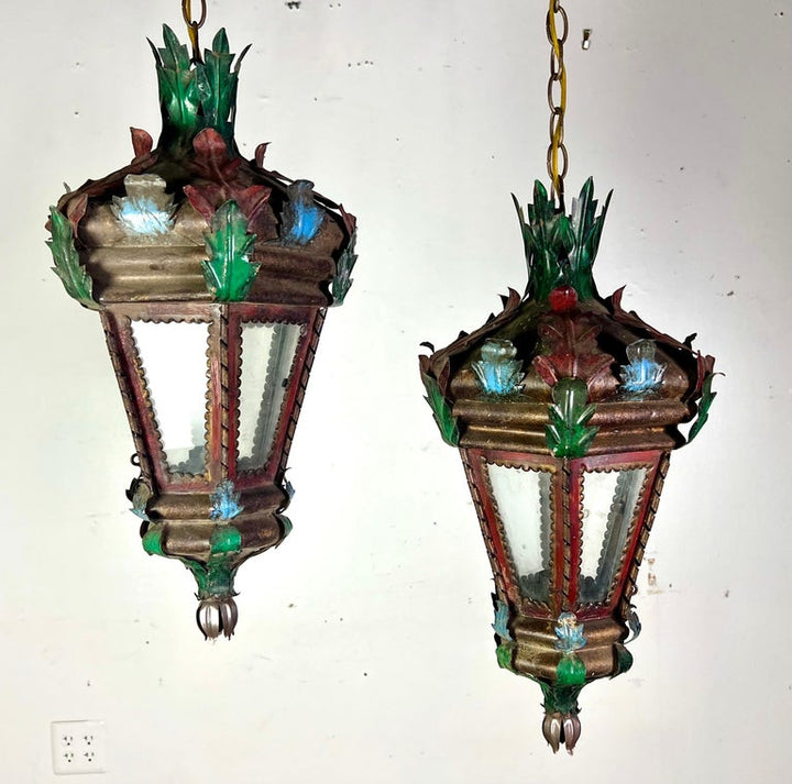 Pair of Spanish Revival Painted Lanterns C. 1940's