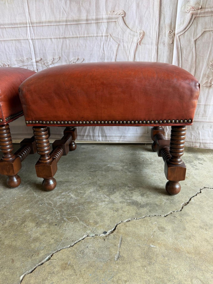 Spanish Colonial Revival Leather Benches with Antique Brass Trim, 1960