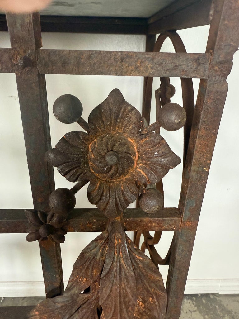 Monumental Hand-Wrought Iron Console with Stone Medallion and Classical Garlands