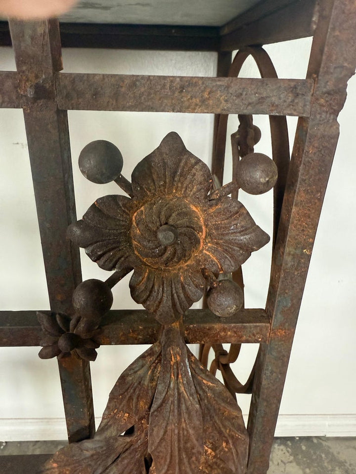 Monumental Hand-Wrought Iron Console with Stone Medallion and Classical Garlands