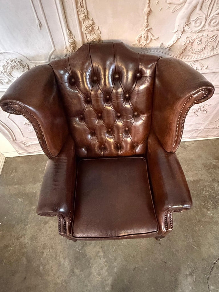 Pair of Vintage English Tufted Leather Wingback Armchairs