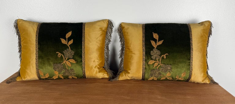 Pair of Custom Pillows with 19th-Century French Metallic Appliqués