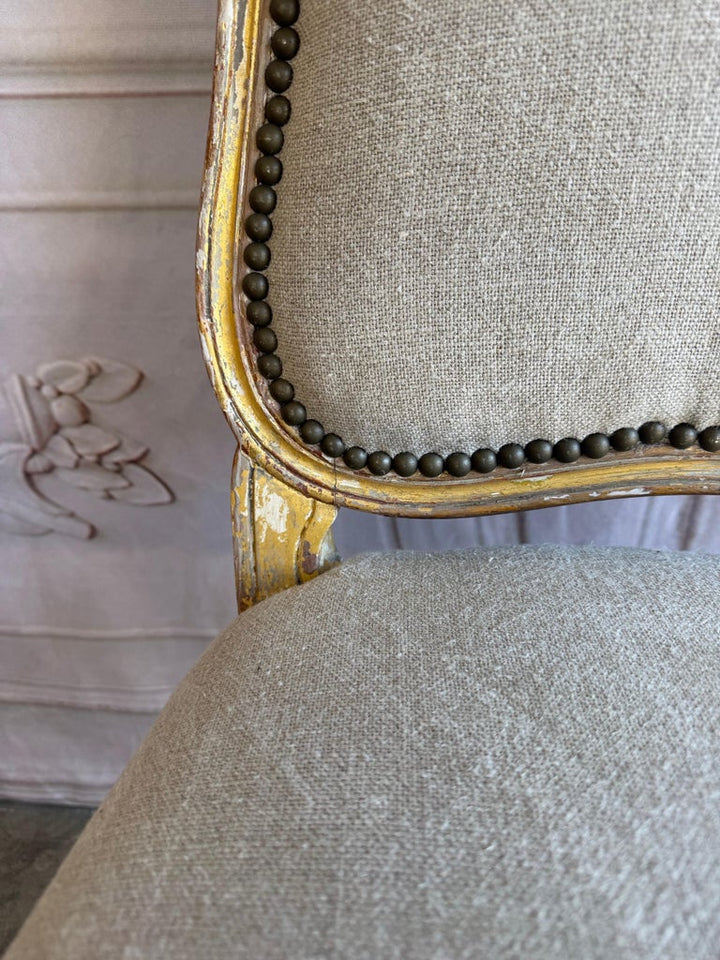 Set of 14 French Louis XV Style Distressed Dining Chairs with Linen Upholstery