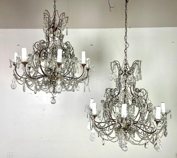 Pair of French Crystal & Beaded Chandeliers C. 1930's