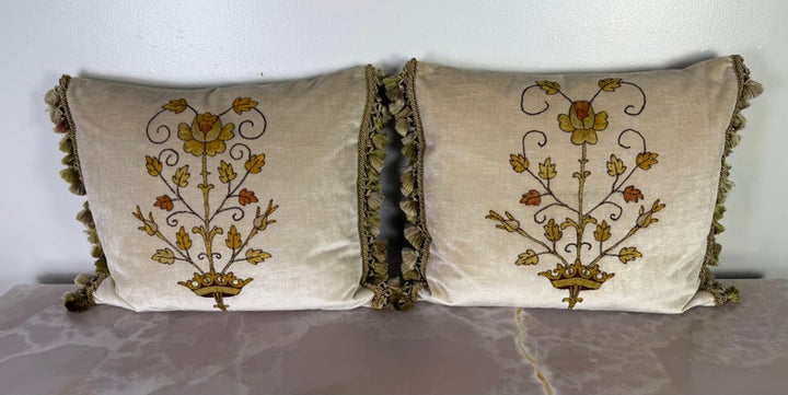 Pair of Pillows with 19th Century Hand-Applied Appliqués