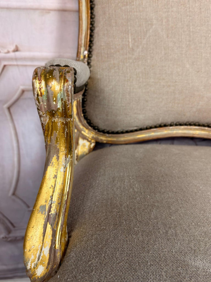 Set of 14 French Louis XV Style Gilt Dining Chairs with Linen Upholstery