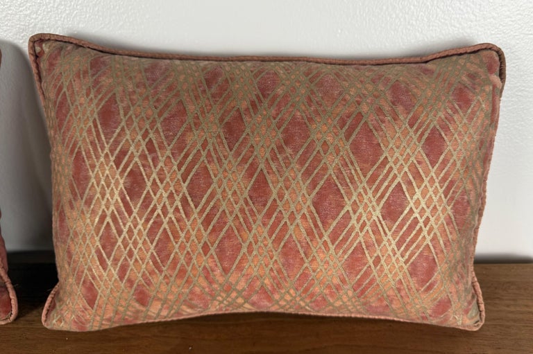 Pair of Authentic Fortuny Pillows in Coral and Gold Geometric Pattern