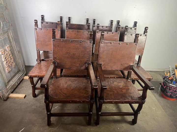 Set of Ten Spanish Leather Dining Chairs C. 1940's