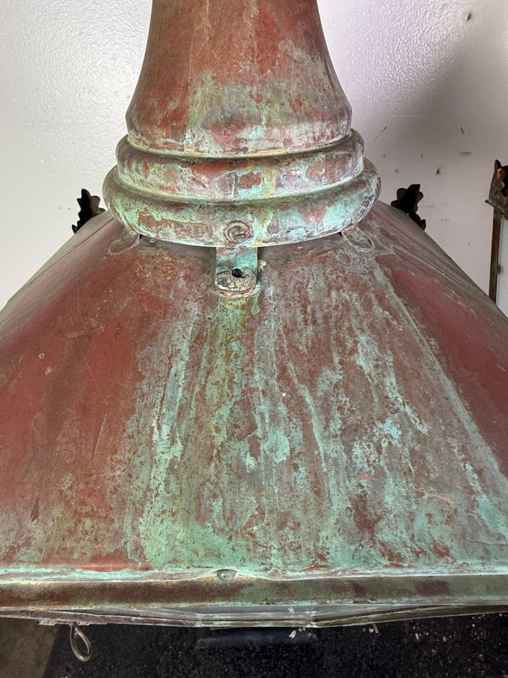 Pair of Monumental Antique Copper Street Lanterns with Verdigris Patina