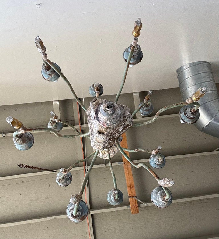 Grand Italian Painted and Giltwood Twelve-Light Chandelier