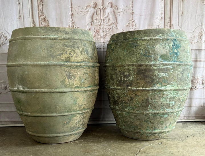Mediterranean barreal Jars - Verdigris Patinated Terracotta Olive Vassels