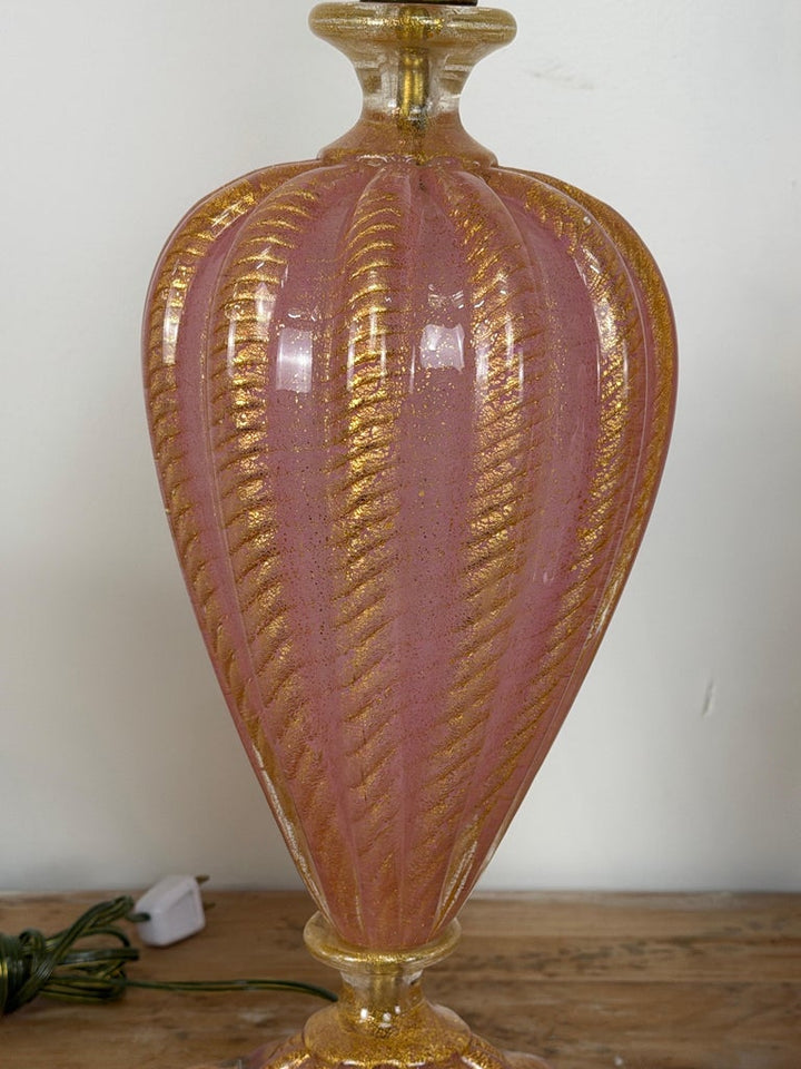 Pair of Murano Pink and Gold Glass Table Lamps w/ Coordinating Parchment Shades