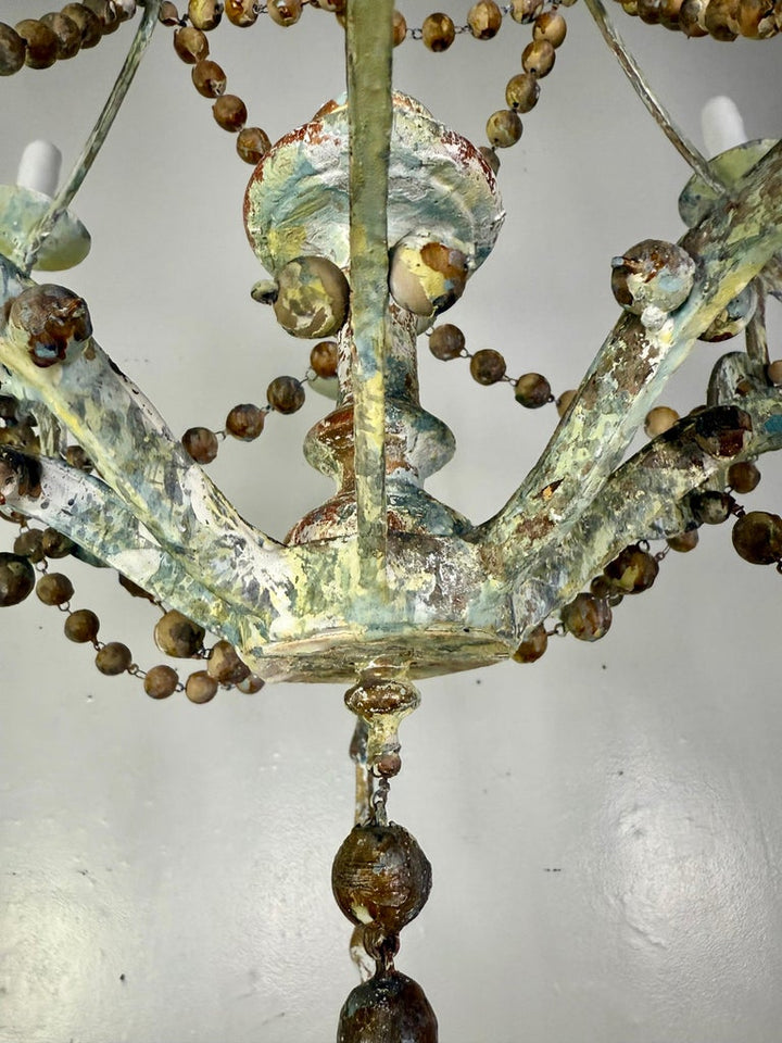 French Provençal Painted Iron Chandelier with Wooden Bead Garlands