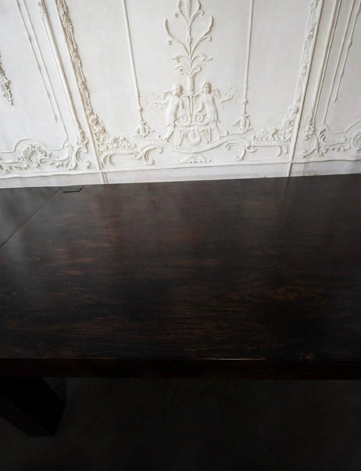 Monumental Minimalist Extendable Dining Table In High-Gloss Ebonized Hardwood