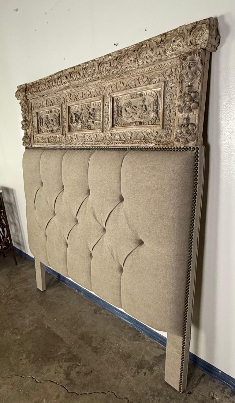 Italian Carved Linen Headboard w/ Antique Panel