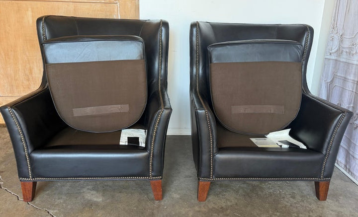 Pair of Thomasville Black Leather Wingback Lounge Chairs