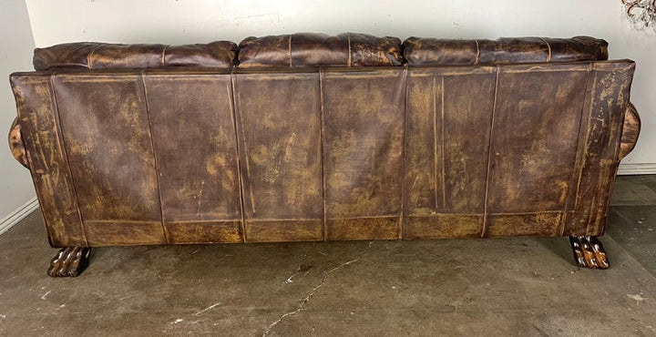 Mid-20th C. Leather Upholstered Sofa w/ Lion Paw Feet