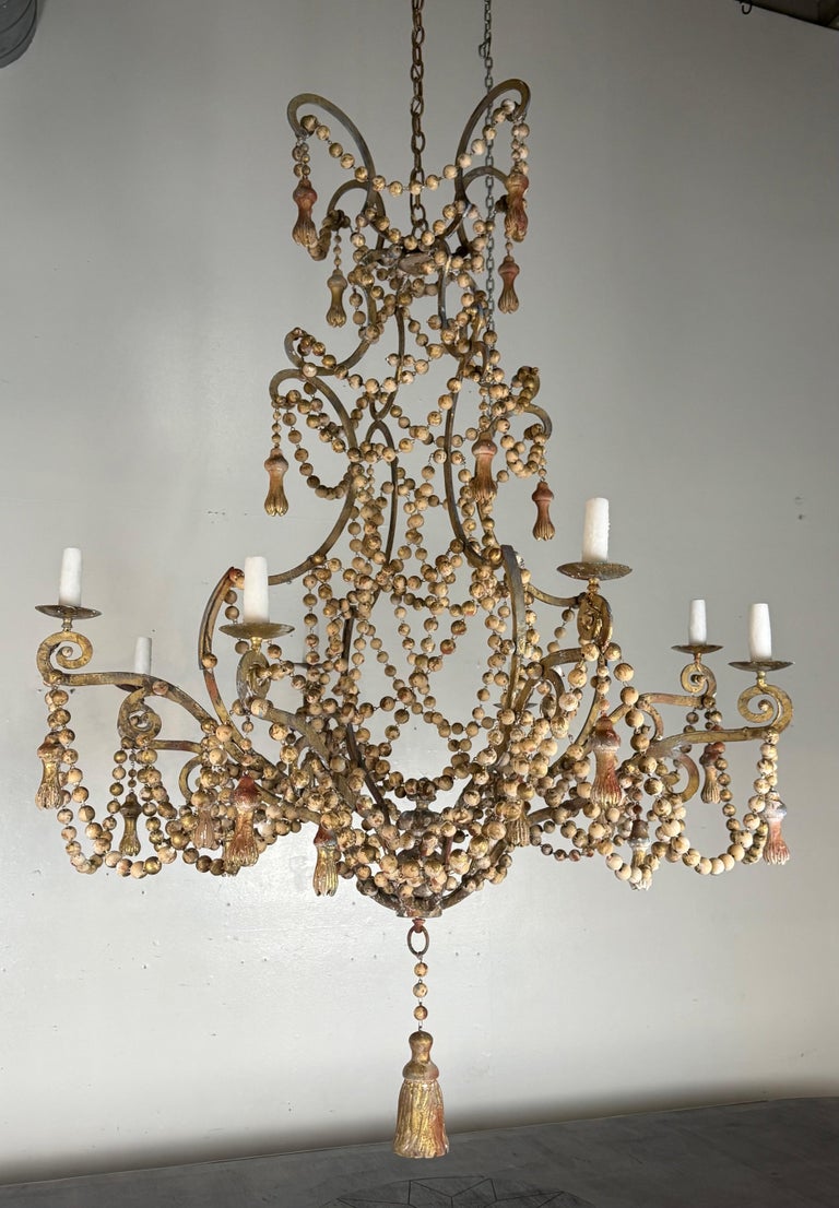 Monumental Italian Parcel-Gilt & Painted Wood-Bead Chandelier