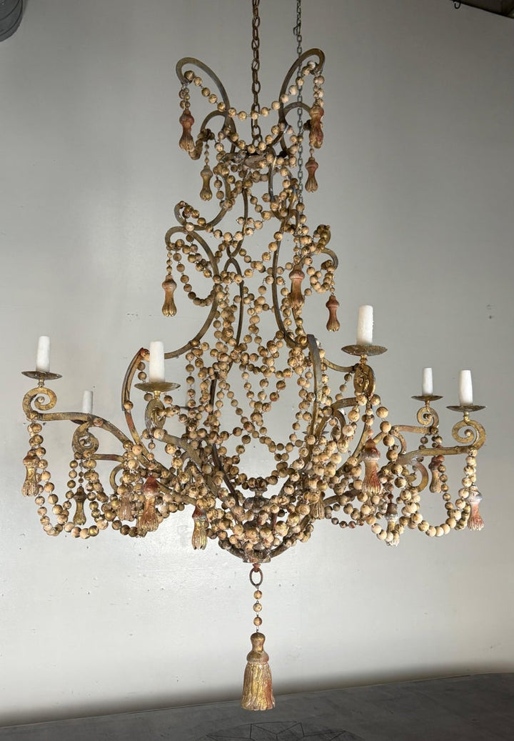 Monumental Italian Parcel-Gilt & Painted Wood-Bead Chandelier