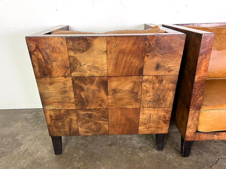 Pair of Modern Burl Walnut Armchairs w/ Leather Cushions