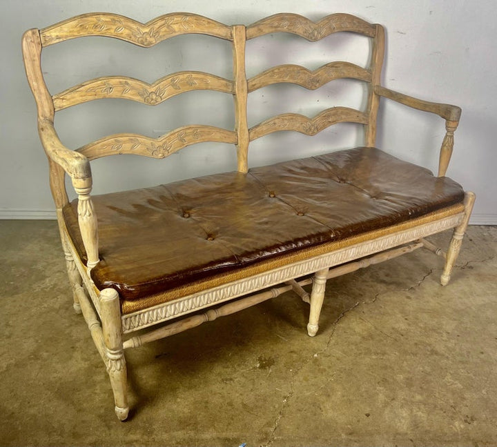 French Provincial Style Bench w/ Rush Seat & Leather Cushion