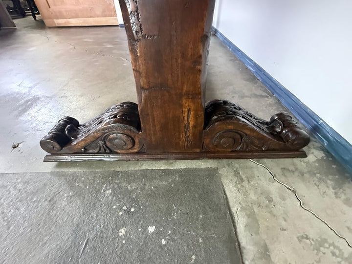 Monumental Spanish Revival Carved Trestle Dining Table, Early 20th Century