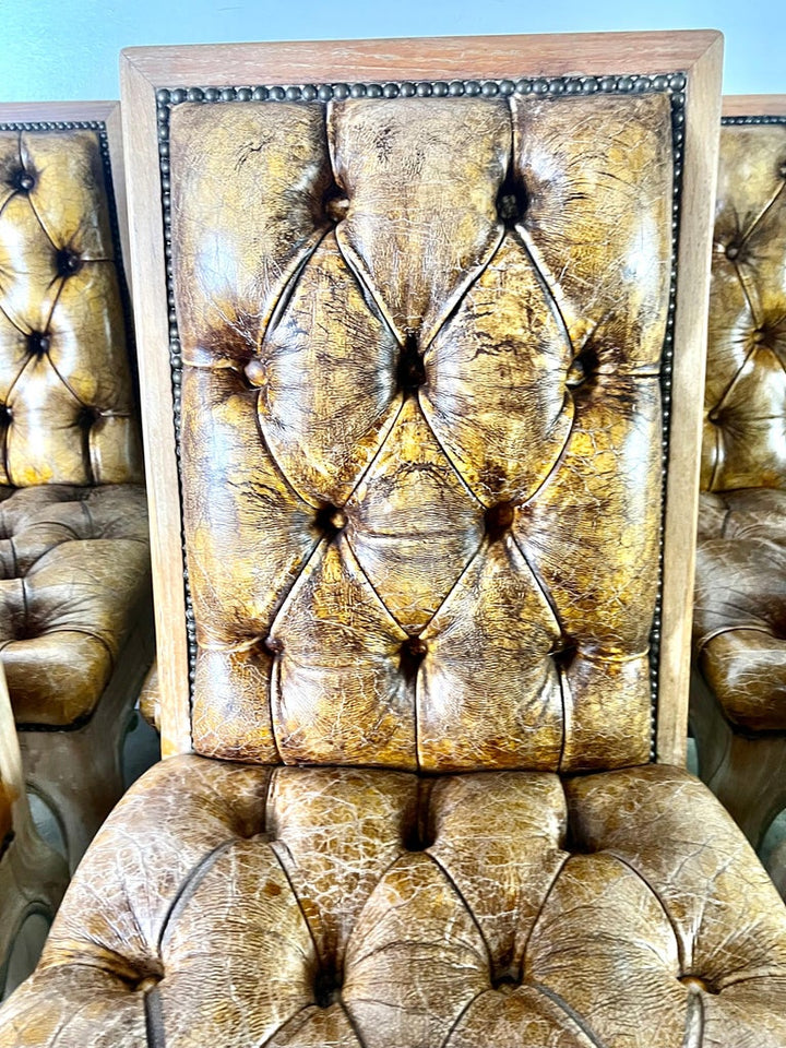 Set of Eight French Leather Tufted Dining Chairs C. 1940