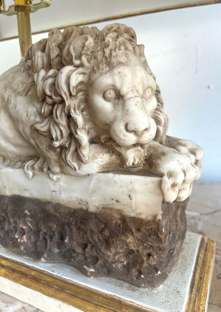 Pair of Italian Carved Stone Lion Lamps with Parchment Shades