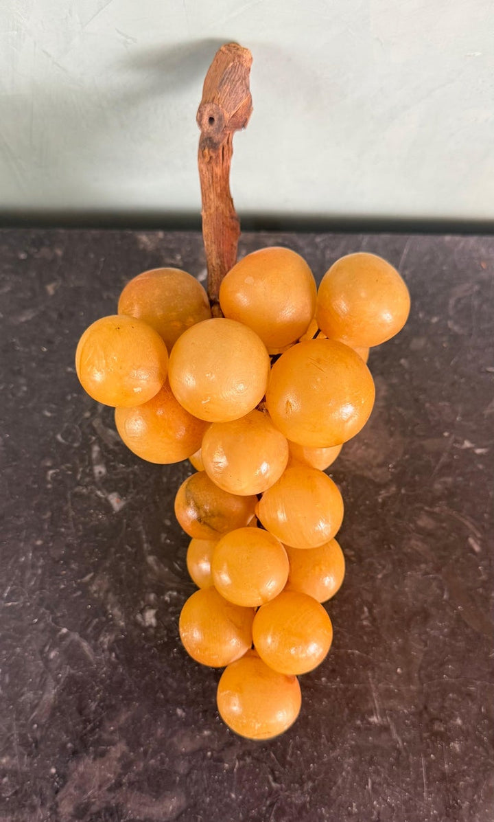 Vintage Carved Alabaster Grapes on Natural Wood Stem