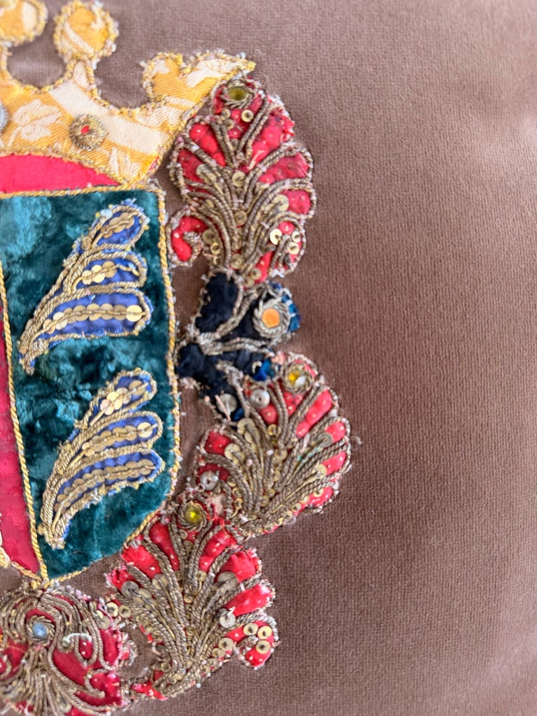 Pair of Velvet Pillows with 19th Century Metallic & Silk Embroidered Crests