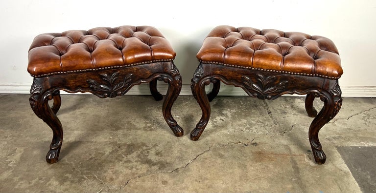 Pair of French Walnut Leather Tufted Benches