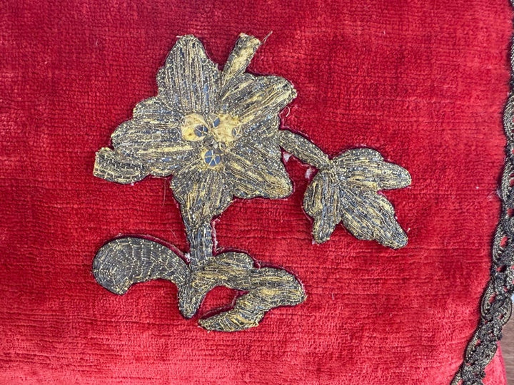 Pair of Petite Red Velvet Pillows with 19th-Century Metallic Appliqués