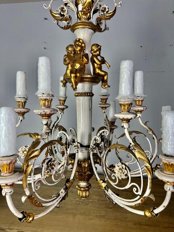 Italian Painted & Parcel Gilt Cherub Chandelier, circa 1930s