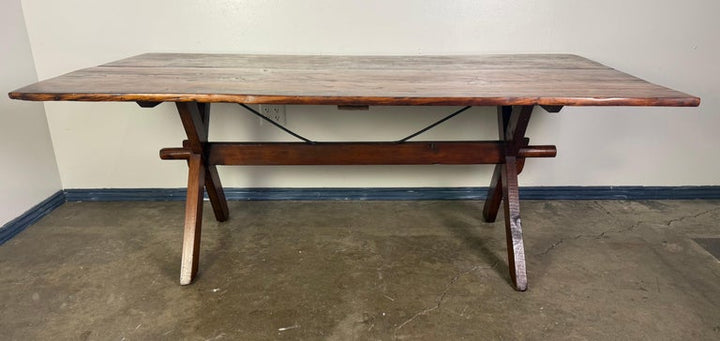 Rustic Trestle Dining Table with Handcrafted Plank Top, Mid-20th Century