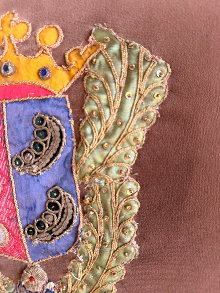 Pair of Velvet Pillows with 19th Century Metallic & Silk Embroidered Crests