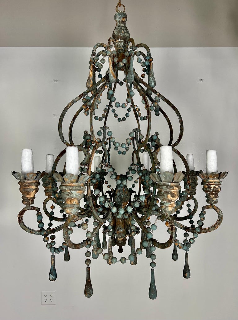 Italian Style Wood and Iron Chandelier with Wood Drops By MLA