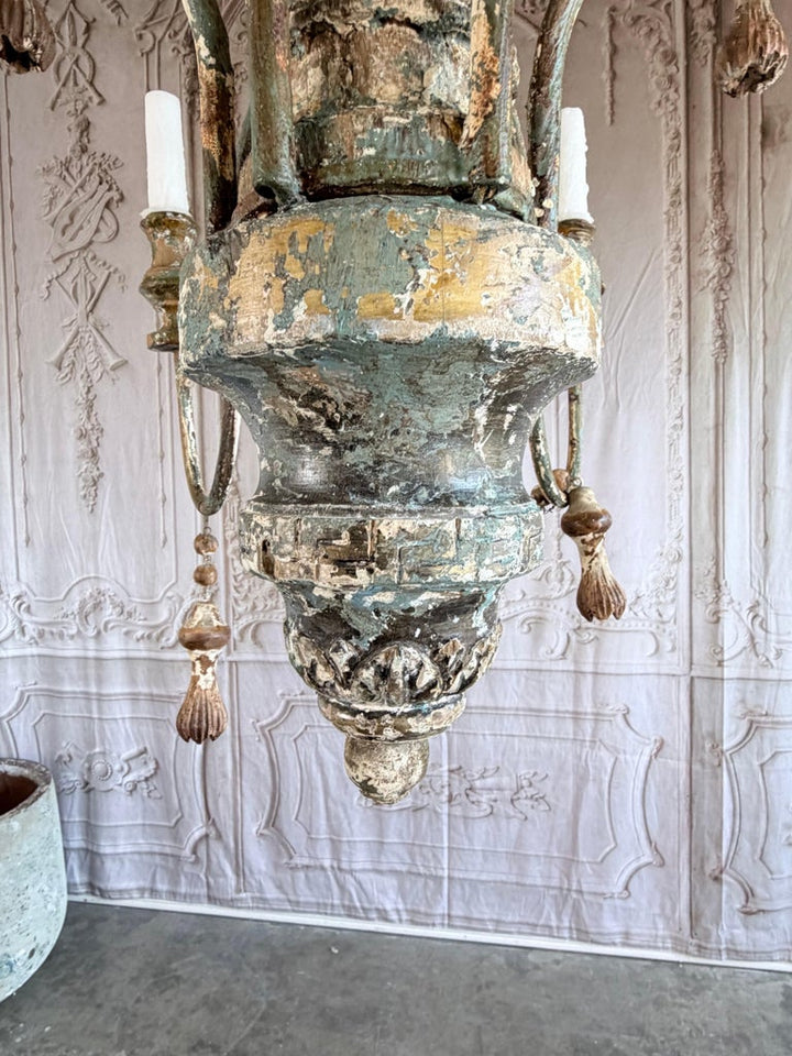 Mediteranean Style Italian Painted & Parcel Gilt Wood 12-Light Chandelier