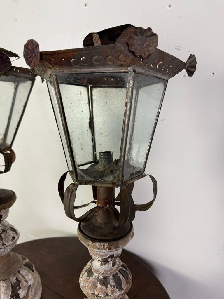 Pair of 19th Century Italian Lanterns with Carved and Painted Bases
