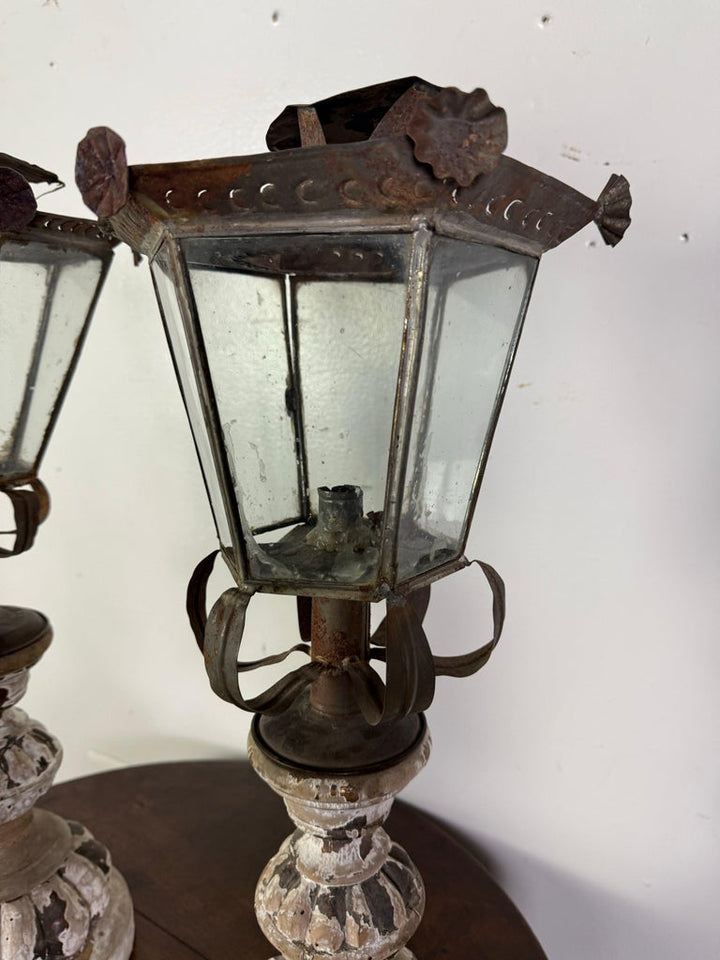 Pair of 19th Century Italian Lanterns with Carved and Painted Bases