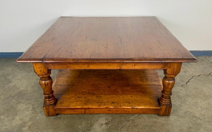 French Country Walnut Coffee Table with Turned Legs and Lower Shelf