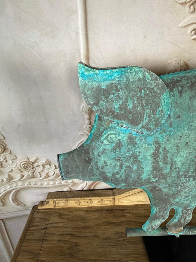 Folk Art Copper Pig Weathervane Object on Iron Base
