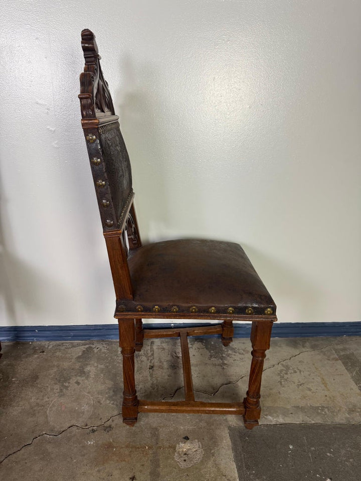 Set of Six 19th C. Gothic-Style Leather Dining Chairs