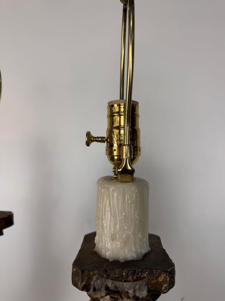 Pair of Italian Neoclassical Corinthian Column Table Lamps Distressed Giltwood
