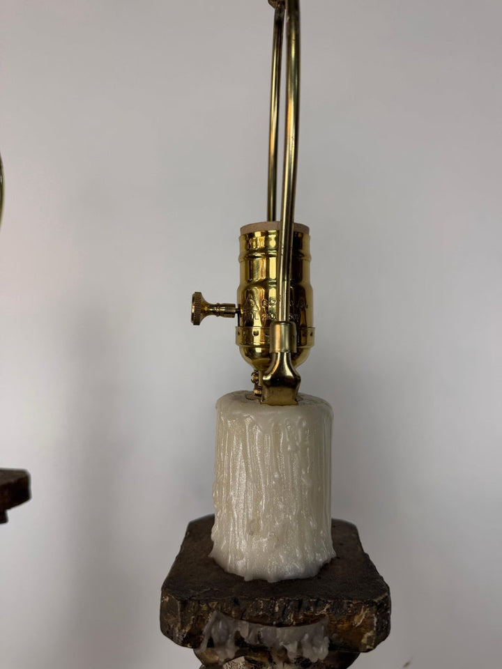 Pair of Italian Neoclassical Corinthian Column Table Lamps Distressed Giltwood
