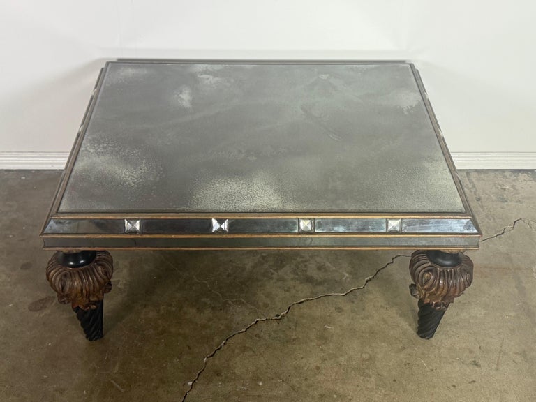 Hollywood Regency Mirrored Coffee Table with Carved Wood and Twisted
