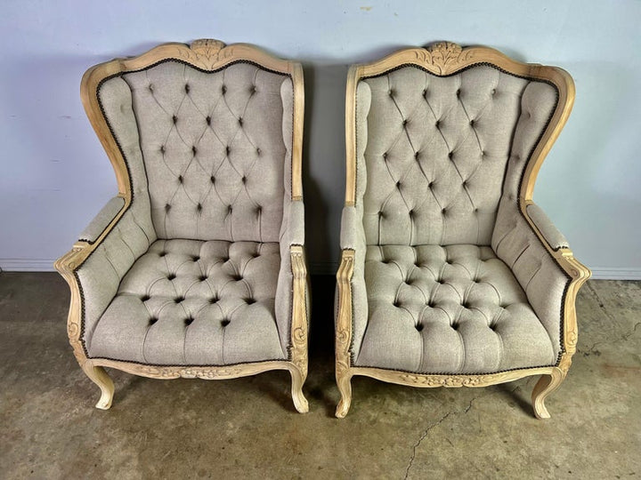 Pair of French Wingback Louis XV Style Armchairs w/ Matching Ottomans